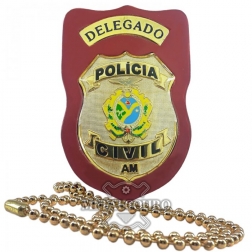 DISTINTIVO FUNCIONAL EM COURO COM BRASÃO EM METAL DA POLÍCIA CIVIL DO AMAZONAS - DELEGADO