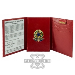 CARTEIRA EM COURO VERMELHA E BRASÃO REPÚBLICA DOURADO PARA MPU/MPF