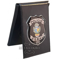 CARTEIRA EM COURO COM BRASÃO EM METAL - NIQUELADO (PRATA) FUNDO PRETO PRETO DA PPGO